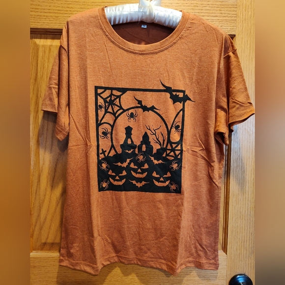 Amazon Tops - Women's Halloween Themed Shirt Sleeve Shirt - Orange-pumpkins, bats